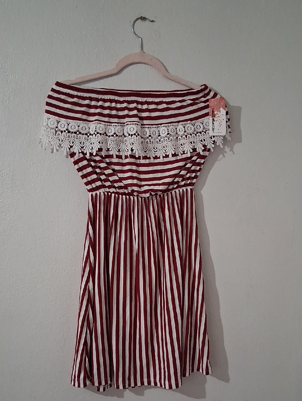 Striped Off-Shoulder Dress with Lace Trim - Red & White